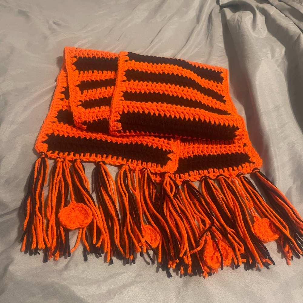 Punkie Bruster. Handmade, 100% acrylic yarn, orange & black scarf. Fall & winter